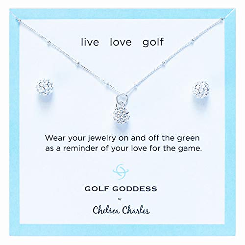 Golf Ball Charm Necklace and Earrings Gift Set - Silver
