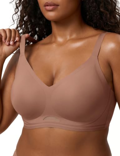 ASTWAWI Comfort Wireless Bra Seamless Jelly Bra Minimizer Full Coverage No Underwire Push Up Bra, Coffee, Large