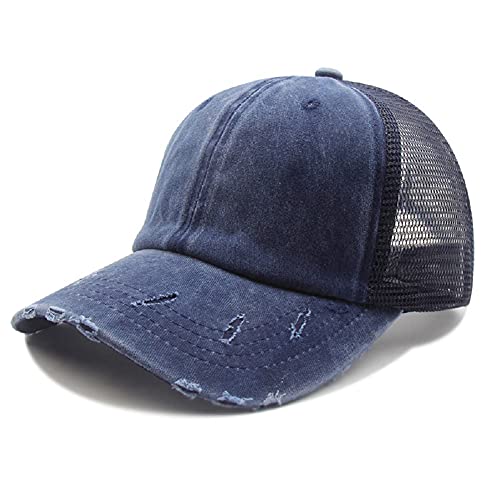 Voilalove Vintage Ponytail Top Sombreros para las Mujeres Gorras de Béisbol Alto Desordenado Bun Hat Ponycaps Gorra de béisbol ajustable Mesh Back Trucker Hat, azul, Talla única Cover
