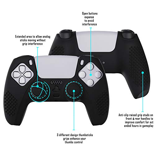 Extremerate Playvital Black 3D Studded Edition Anti-Slip Silicone Cover Skin For Ps5 Controller, Soft Rubber Case Protector For Ps5 Wireless Controller With 6 Black Thumb Grip Caps #TOP3