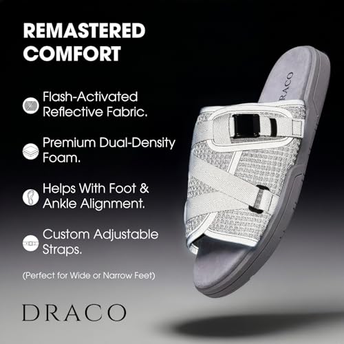 Image of Draco DracoSlides Reflective Slides for Men and Women, Wrapped in Reflective 3M with Adjustable Straps for Wide /Narrow Feet, Sandals with Arch Support & Slip Resistant, Men & Women Footwear, Black