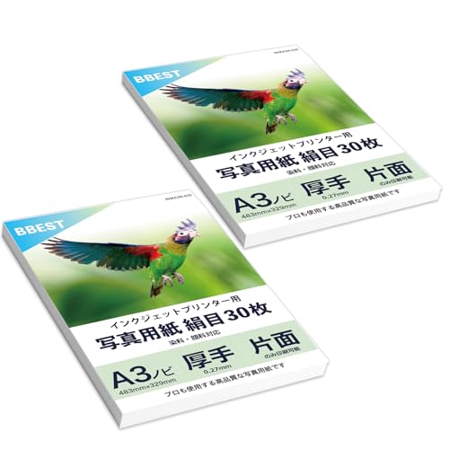 BBEST 写真用紙 絹目調 半光沢紙 A3ノビ 60枚入り 厚手 厚さ0.27mm 片面印刷 【プロ仕様】 印画紙 RCフォト用紙 インクジェット用紙 片面 染料・顔料対応 RHKA3N-060（Amazon）