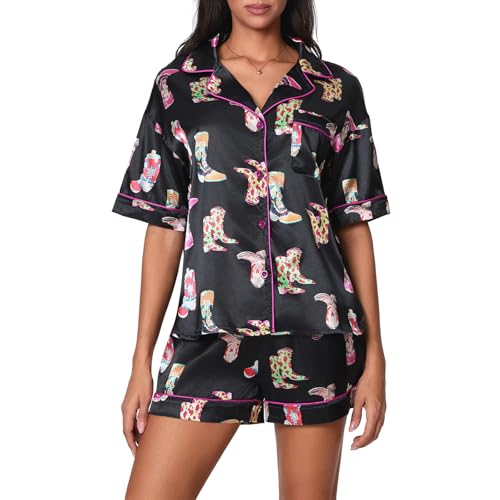 Image of Yiulangde Cowboys Boot Pajamas for Women Y2k 2 Piece Heart Bow Preppy Pjs Coquette Short Sleeve Shirts Matching Pj Shorts Set
