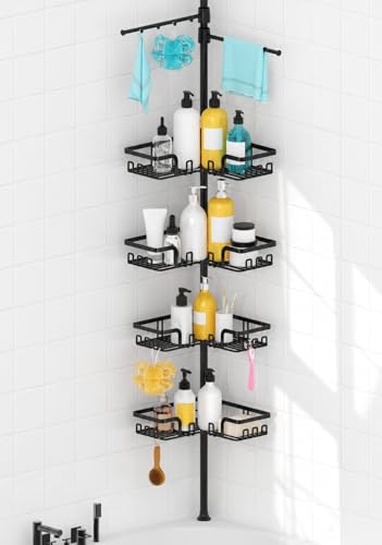 Image of KEGII Shower Caddy Tension Pole with 2 Towel Bars, Corner Shower Organizer Shelves for Bathtub Shampoo Storage, Adjustable Shower Tension Rod with Razor Holder & Hooks