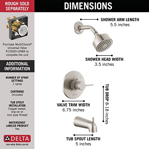 Image of Delta Faucet Modern Brushed Nickel Tub and Shower Trim Kit, Shower Faucet with Single-Spray Touch-Clean Shower Head, Stainless T14459-SS-PP (Valve Not Included)