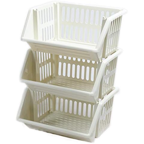 Large 3 Tier Stackable Plastic Storage Baskets Cover