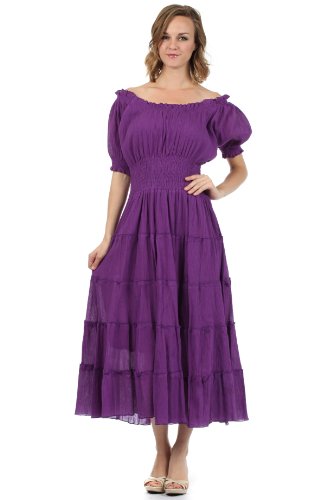 Image of Sakkas Cotton Crepe Smocked Peasant Gypsy Boho Renaissance Mid Length Dress