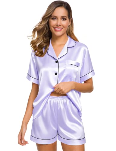 Image of SWOMOG Womens Silk Satin Pajamas Set Short Sleeve Sleepwear Button Down Top and Shorts Loungewear 2 Piece Pjs Set XS-3XL