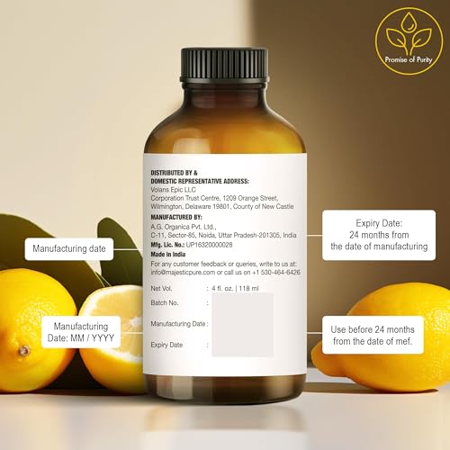 Image of Majestic Pure Lemon Essential Oil for Diffuser - 4 Fl Oz | 100% Pure & Natural Essential Oils Ideal for Aromatherapy, Massage, Soap and Candle Making, Massage, Lemon Oil