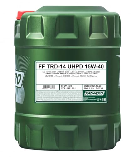 FANFARO Aceite de motor 15W-40 UHPD Aceite sintetico aceite ACEA E7 ACEA E9 API CJ-4 API SN TRD-14 20L Compatible con MERCEDES-BENZ Vario Furgoneta B667, B670, B668 VARIO Cabeza tractora