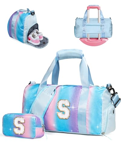 Vogewood Girl Must Haves-Girl Gym Bag with Shoe Compartment Kid Personalized Weekender Overnight Bags Travel Tote with Makeup Pouch Gift for 3 4 5 6 7 8 9 10 11 12 Year Old Girls (Letter S)