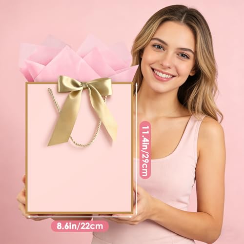 Image of JMANNI Gift Bags with Handles, 11.4 inch Small Mothers Day Gift Bag for Presents, 2 Pcs Bags with 4 Tissue Paper and 2 Cards for Baby Shower Wedding Bridal Shower Mother's Day Birthday Party (Pink)
