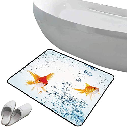 Alfombra de baño antideslizante Acuario suave antideslizante Bajo el tema del acuario Lindos peces dorados nadando con imágenes de burbujas vívidas,azul naranja amarillo Para ducha Felpudo Dormitorio