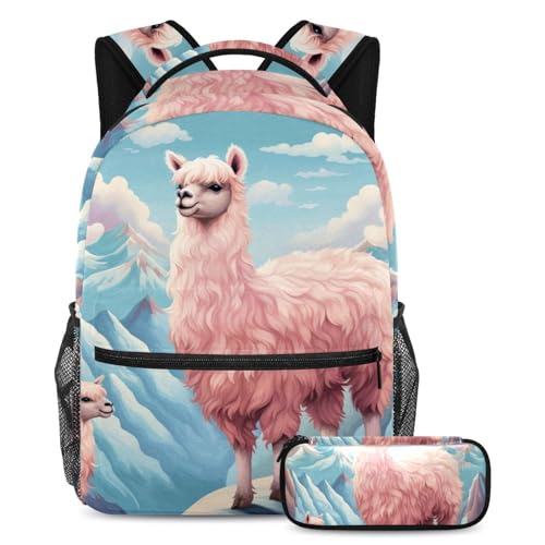 Sac à dos avec trousse Art Alpaga à fourrure rose grand format mixte