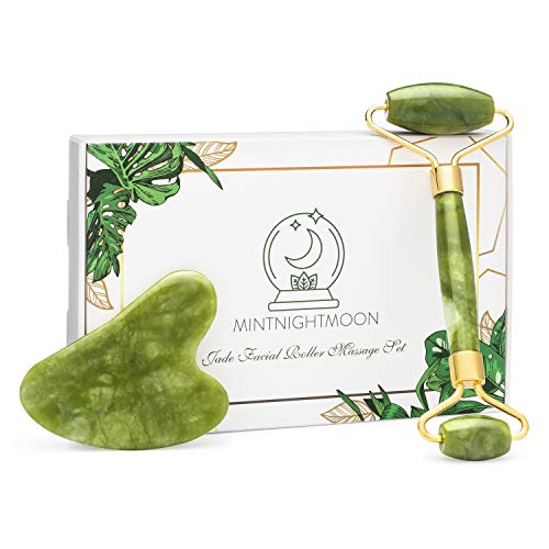Authentic Jade Roller and Gua Sha Stone Set Tool by MintnightMoon | Anti-aging wrinkle face massager that helps detoxify and beautifies skin | 100% real jade with no squeaks