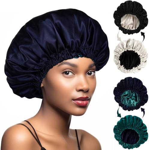 2 Pièces Bonnet Satin Cheveux Nuit, Bonnet de Nuit en Soie Réversible Double Couche avec Élastique Réglable, Chapeau de Sommeil Femme Adapté pour Protection Cheveux Longs/Raides/Bouclés
