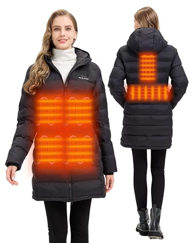 HEWINZE Doudoune chauffante à capuche pour femme – Veste chauffante électrique à double commande avec batterie 7,4 V, EU X-Grande, Noir