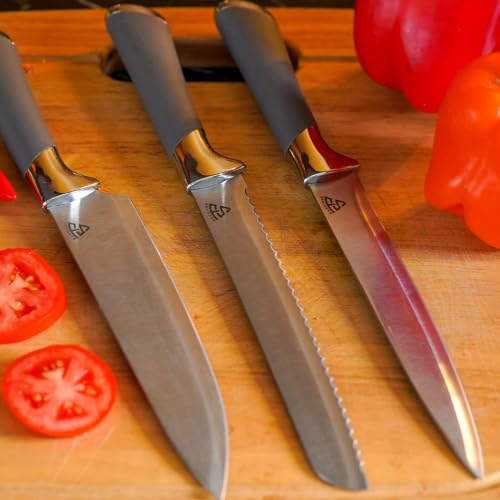 BAKEINNS Ultra-Sharp Stainless Steel Kitchen Knives - Chef Knives Set (8 pcs Set - Knife Block, Finger Guard, and Sharpener), Professional Chef Knife Set for Chopping, Slicing, Dicing & Cutting BAKEINNS Ultra-Sharp Stainless Steel Kitchen Knives - Chef Knives Set (8 pcs Set - Knife Block, Finger Guard, and Sharpener), Professional Chef Knife Set for Chopping, Slicing, Dicing & Cutting