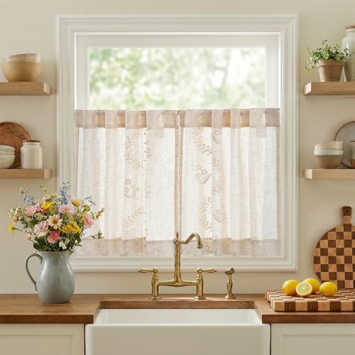 Image of jinchan Ivory Floral Linen Kitchen Tier Curtains 24 Inch, 2 Panels