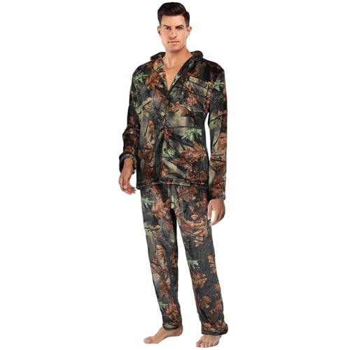 TrailCrest by Treel Camo Soft Plush Fleece Button Down Long Sleeve Shirt and Pants Pajama Lounge Set3