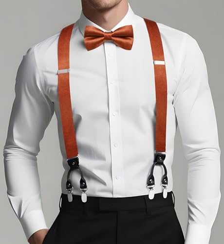 Image of Dubulle Suspender and Bow Tie for Men Paisley Solid Mens Suit Braces Pretied Bowtie and Handkerchief Cufflinks Formal Wedding