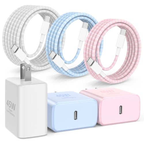 45W USB C Fast Wall Charging for iPhone Duo 18/17/16/Pro Max & for Samsung Galaxy S26 Ultra /S26+ /S26 /S25 /S24,3Pack Colorful Charger Adapter with Braided 60W USB-C to USB-C Cables (6/6/10 ft)