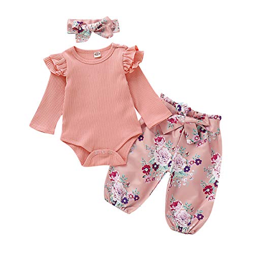 Luiryare Toddler Newborn Baby Girl Fly Shoulder Long Sleeve Romper Bodysuit Jumpsuit Tops + Bowknot Jeans Pants + Headband Infant Outfit Clothes Set, 3PCS/2PCS (6-12 Months, Pink 3Pcs)
