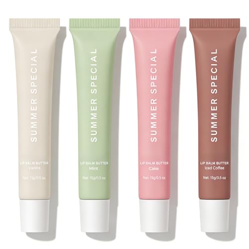 4 PCS Summer Special Lip Balm Butter Hydrating Nourishing Lip Gloss with Shea Butter & Olive Oil Sheer Tinted Shine Instant Moisture & Soothing Dry Lips (Pack of 4)