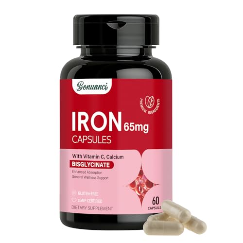 Iron Supplement - Iron 65mg High Absorption Iron Bisglycinate with Vitamin C, Calcium, Gentle Iron Pills for Women Men - Non GMO & Gluten Free, Stomach Friendly, 60 Capsules