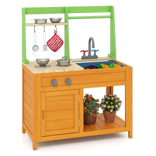 GOPLUS Cuisine Enfant en Bois, Jouet de Cuisine Extérieure avec Cuisinière, Évier, Robinet, Sons, Accessoires Variés et Étagères Ouvertes, Cadeau Éducatif pour Garçons Filles 3+ Ans