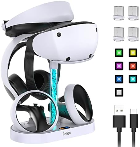 FASTSNAIL PSVR2 Charging Stand, Multifunction Vertical VR Headset & Controllers Holder for PS5 with 10 RGB LED Light Modes and USB-A Port, Virtual Reality Storage Station for PS5 Gaming Accessories