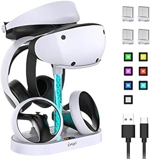 FASTSNAIL PSVR2 Charging Stand, Multifunction Vertical VR Headset & Controllers Holder for PS5 with 10 RGB LED Light Modes and USB-A Port, Virtual Reality Storage Station for PS5 Gaming Accessories