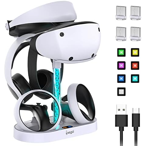 FASTSNAIL Ladestation kompatibel mit Playstation VR2 Controller, LED Ständer für PS5 VR Headset & Sense Controller mit 10 RGB-Licht, PSVR2 Spiel Zubehör Storage Base Cover
