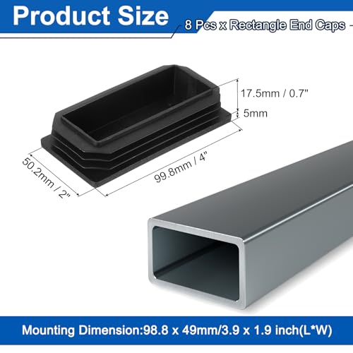 Image of uxcell 8 Pcs Rectangle Tubing End Caps 4 x 2 Inch Plastic Hole Plugs Insert End Cap for Metal Tubing Post Chair Leg Table Bookshelves Furniture, Black