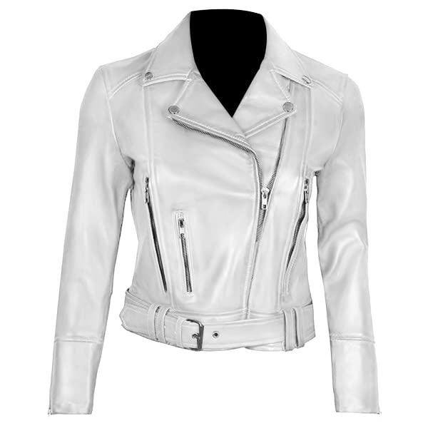 Veste de moto courte pour femme Brando en cuir blanc look urbain
