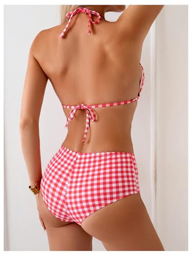 SweatyRocks Women's High Waisted Bikini Sets Plaid Halter String Swimsuits Two Piece Bathing Suit2