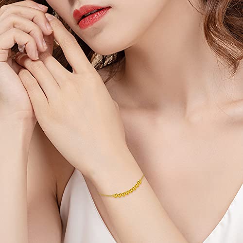 14K Solid Gold Beads Bracelet for Women, Dainty Gold Bead Ball Bracelet with Thick Cable Chain Jewelry Anniversary Birthday Gift for Her, Mom, Wife, 6.5"-8.1"2