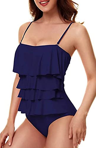 JFAN Femme Maillot De Bain 1 Pièce Sexy Elégant Tankini Amincissante à Volants Maillot de Bain Gainant Ventre Plat Grande Taille Sling Siamois Bikini Marine L