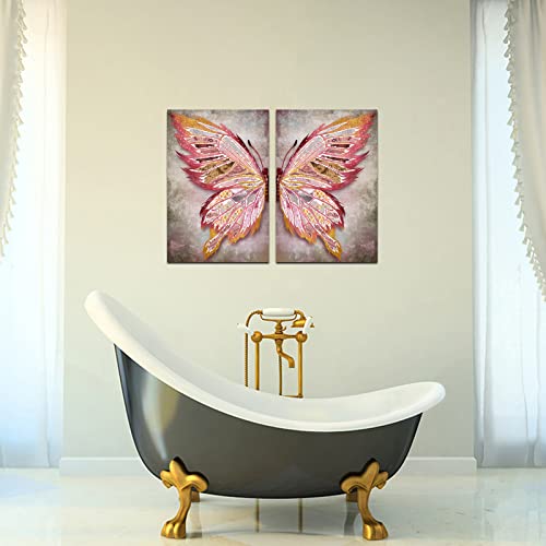 Sechars Butterfly Canvas Wall Art Pink And Golden Paintings Vintage Insect Animal Poster Pictures Art Prints 16"X24"X2Pcs #TOP3