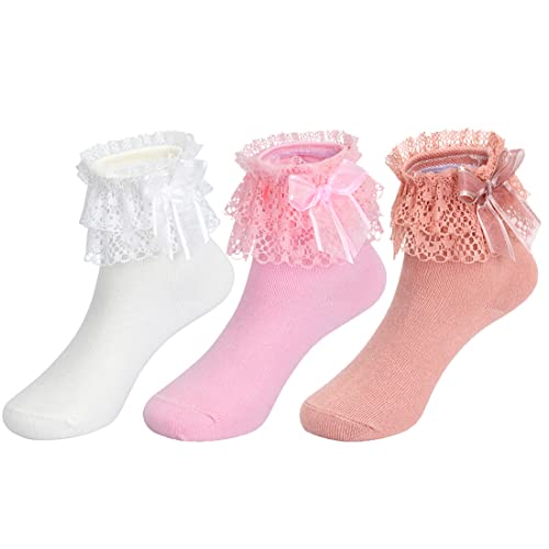 Toddler Girls Ruffle Socks Little Baby Cute Bowknot Lace Dress Socks 6 Pairs2
