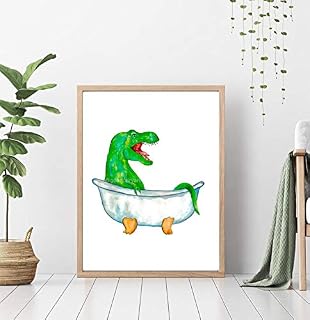 Dinosaur t-rex in the bathroom tub washroom bath shower dino trex Painting Wall Poster Watercolor Art Print