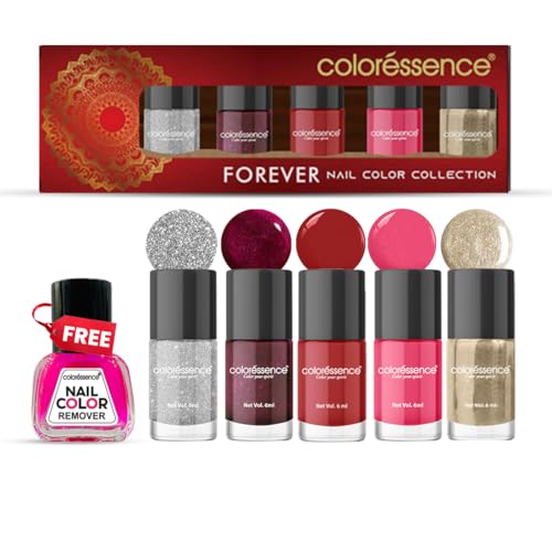 Image of Coloressence Forever Nail Paint Kit, Set of 5 with FREE Nail Polish Remover | Glossy Finish | Quick Dry | Chip Resistant