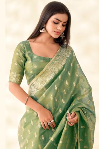 Image of SWORNOF Gold-Toned Woven Design Silk Zari Tissue Saree | Saree for Women | Soft and Skin Friendly