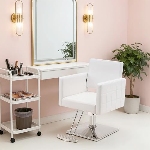 BarberPub Salon Chair for Hair Stylist, Hydraulic Stylist Chair, Adjustable Height, PVC Leather, 360 Degrees Swivel, Barbershop, Home Salon, Adult 8821 (Pure White)