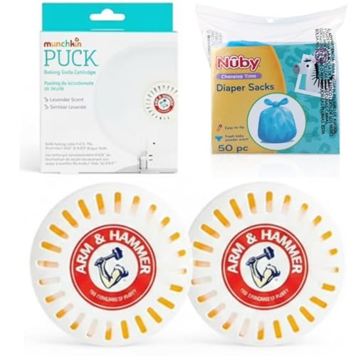 Image of Odor Eliminator Cartridges, 2 Pack, Lavender Scent Baking Soda Pucks for Diaper Pails + Nuby Diaper Sacks, 50 Count Disposable Baby Diaper Bags