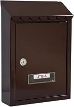 UTILIA Capri Letter Box 21 x 6 x 30 cm Painted Sheet Metal Letter Holder with Roof Top Flap Rear Outer Mailbox with Cylinder Lock 2 Keys (Brown)