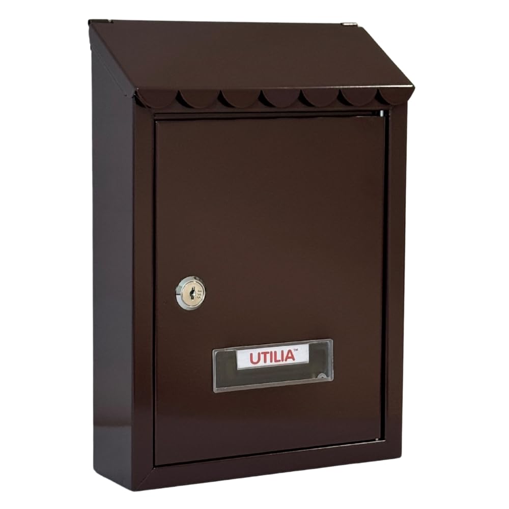 UTILIA Buzón de correos Capri 21 x 6 x 30 cm, porta cartas de chapa pintada con techo, solapa superior trasera, buzón exterior con cerradura de cilindro, 2 llaves (marrón)