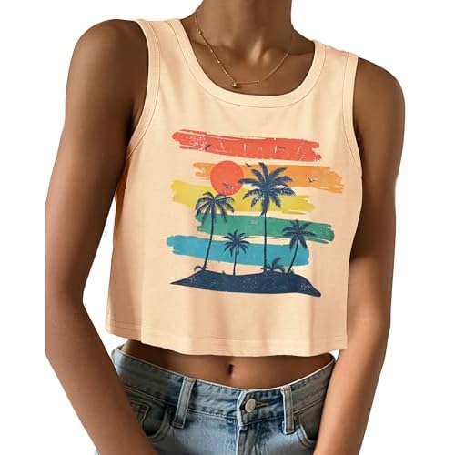 Womens Crop Tops Sleeeveless Cropped Tank Summer Scoop Neck Casual Loose Fit Basic Shirts Small B Khaki Sunset