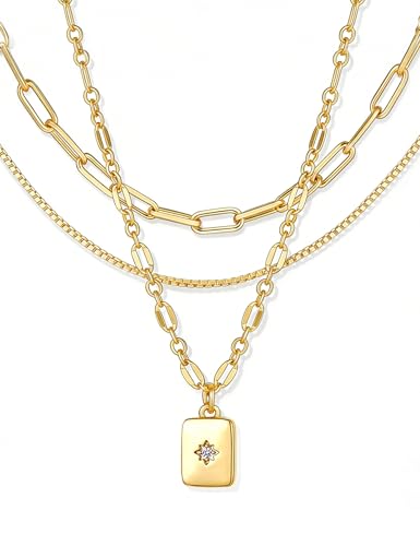 YEEZII 14K Gold Plated Layered Necklaces for Women Trendy, Dainty Choker Paperclip Box Chain Necklace, Stackable Women's Pendant Necklaces Set for Jewelry Gift