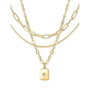 YEEZII Layered Gold Necklaces for Women Trendy, 3 Pcs 14K Gold Plated Choker Paperclip Box Chain Necklace, Stackable Women’s Gold Pendant Necklaces Jewelry Set
